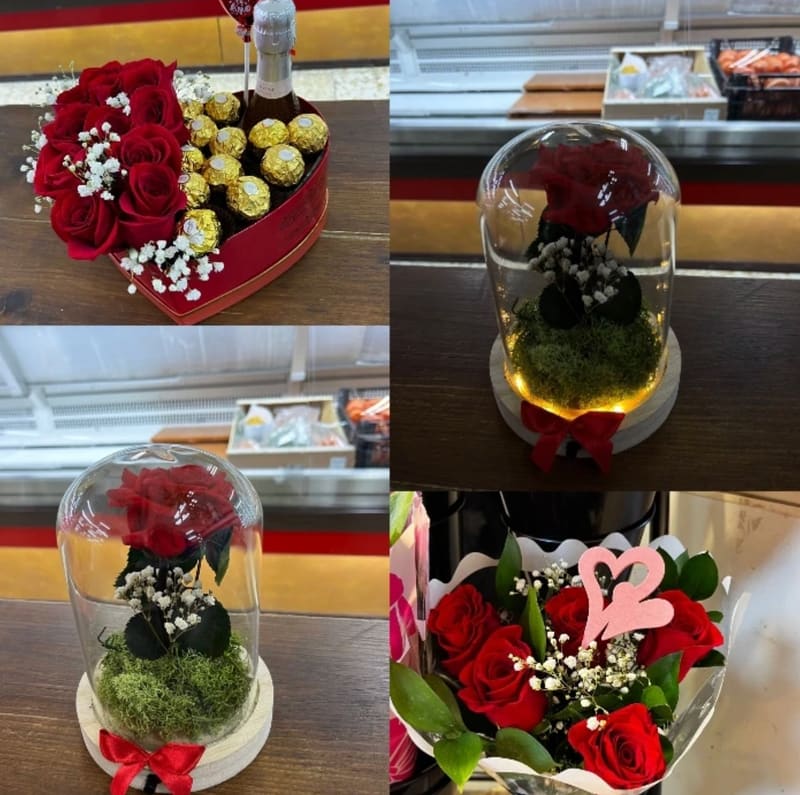 Selección de detalles especiales: caja corazón con rosas y espumoso, rosas eternas en cúpula de cristal y ramo con adorno de corazón